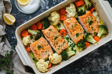 Top view of healthy baked fish salmon steaks, broccoli, cauliflower, carrot in casserole dish. 