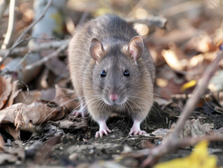 A brown rat staning on the ground, surrounded by greenery.