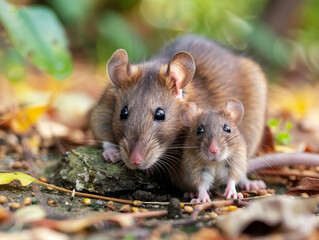 Two brown rats close together among autumn leaves.