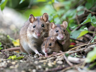 A trio of brown rats huddled together in their natural habitat.