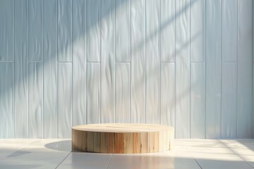 wood Podium stand studio room ,blue pastel background 3d pedestal platform background. Premium clean light scene minimal style floor wooden stage modern mockup base. 