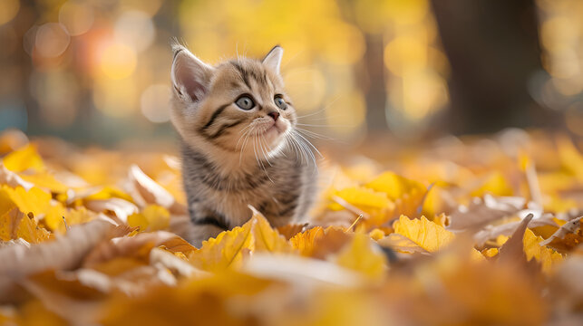 Cute kitten playing in yellow autumn leaves. generative ai