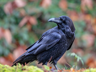 Fototapeta premium Black raven stands on the ground, looking over the shoulder, scanning the surrounding wild nature.