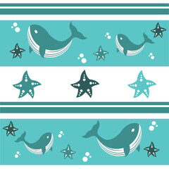 Pattern of whales with starfish and bubbles. Cute decorative design for wallpaper, fabric, textiles and backgrounds. 