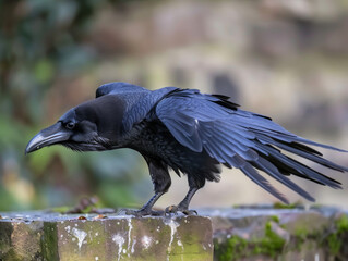 Obraz premium A raven with spread wings perches on a mossy wall, its dark feathers contrasting the bricks.