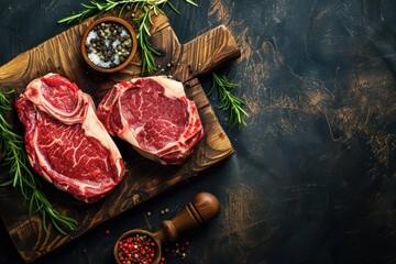 Two raw uncooked meat beef rib eye marbled steaks on wooden cutting board with seasonings on dark rustic background ready to be grilled from above, preparing dinner with meat, space for text  - Powered by Adobe