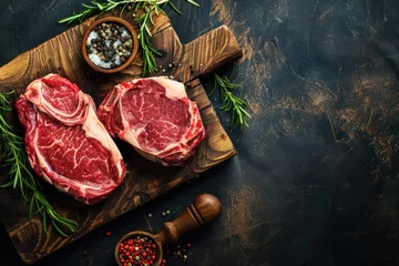 Fotobehang Two raw uncooked meat beef rib eye marbled steaks on wooden cutting board with seasonings on dark rustic background ready to be grilled from above, preparing dinner with meat, space for text  © Straxer