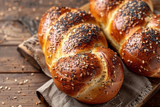 Two Freshly baked Challah bread covered with poppy and sesame seeds, top view on rustic wooden background, traditional festive Jewish cuisine.