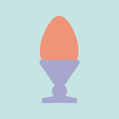 Colored egg in cup vector illustration. Easter meal. Boiled painted pink egg served in purple egg holder. Happy Easter flat cartoon design on light blue background. Paschal food icon, poster, card