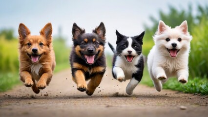 Happy dogs and cat puppies are running towards camera in outdoor activity