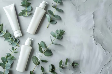 White empty plastic cosmetic tubes staying at gray background with eucalyptus branches, concept of cosmetology, body and skincare, beauty industry. - obrazy, fototapety, plakaty