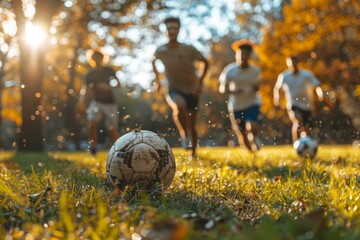 A group of friends playing a friendly game of soccer in a local park - obrazy, fototapety, plakaty