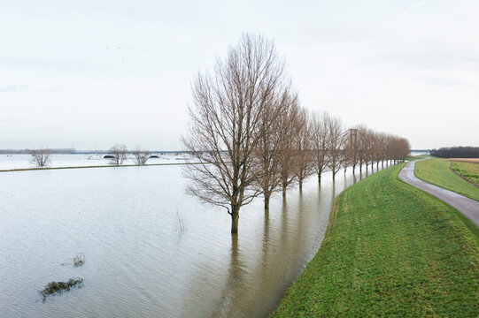 Netherlands, Aerial view of river Waal flooding surrounding land after prolonged rainfall