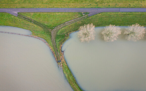 Netherlands, Aerial view of river Waal flooding surrounding land after prolonged rainfall