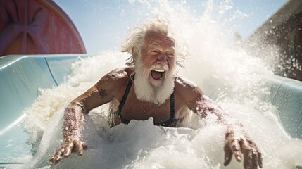 A handsome smiling adult gray-haired elderly man rides a slide in a water park. An elderly grandfather with a white beard enjoys outdoor activities.