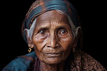 
Portrait of an elderly Dalit woman in her 70s, her face lined with the marks of a hard life, but her eyes still sparkling with wisdom and resilience