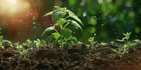 Young plants sprouting in rich soil bathed in sunlight, perfect for Earth Day or Arbor Day campaigns or growth-related motivational posters. - obrazy, fototapety, plakaty