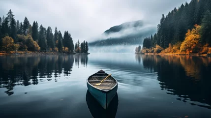 Foto op Canvas A lone canoe floats on a tranquil. © Media Srock