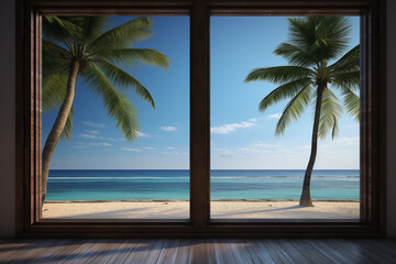 Sea beach and palms view from window - obrazy, fototapety, plakaty