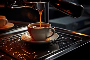 Foto op Plexiglas Pouring freshly brewed coffee into espresso machine for caffeine boost and warm beverage preparation © Mari