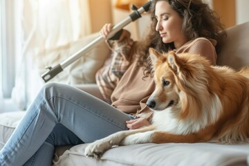 Adult woman in her late twenties on couch at home with crutches and orthopedic plaster caress the dog.  - obrazy, fototapety, plakaty