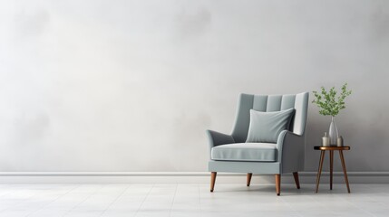 A Gray chair set against the purity of a white room - obrazy, fototapety, plakaty
