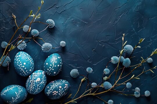 Blue easter eggs painted by hand on a dark background. Easter stylish minimal composition. 