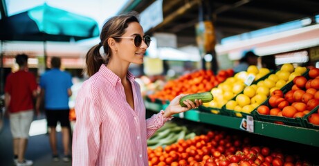 Woman selecting fresh produce at a local farmer's market during golden hour for healthy eating. - obrazy, fototapety, plakaty