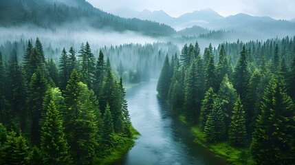 International Day of Forests: Aerial View of Spacious Spruce Forest with River, Mountains, and Moss. Concept Forest Conservation, Aerial Photography, Spruce Trees, Nature Landscape