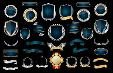 Collection of gold and blue badge vector illustration collection