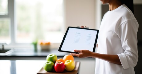 Nutritionist with meal plan app in a modern kitchen, emphasizing planning in healthy eating.