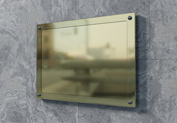 Golden sign plate on wall mockup. Template of a gold business signboard on marble texture. 3D rendering
