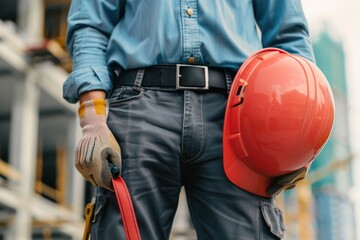 Fototapeta premium Construction worker. Cropped photo of male professional builder in working uniform with construction tools holding a safety red helmet while standing outdoor of construction site