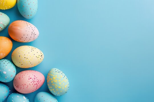 Colorful handcrafted Easter eggs on blue backdrop Minimalistic concept Top down perspective Text space on card Copy space image Place for adding text or design 