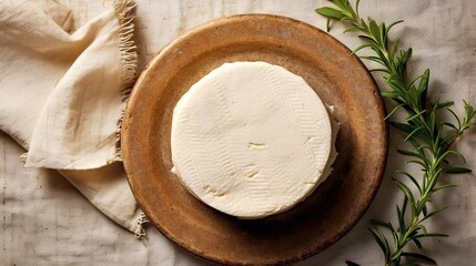 Artisanal Cheese and Fresh Herbs on Wooden Plate