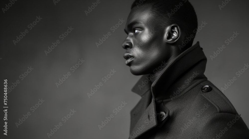 Poster a man wearing a coat is standing in front of a window. she has a serious expression on her face. mod