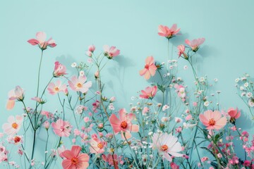 Flat lay creative illustration concept of fresh field Spring flowers on pastel blue background. Beautiful pink bloomed flowers. 