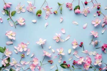 Flat lay creative illustration concept of fresh field Spring flowers on pastel blue background. Beautiful pink bloomed flowers.  - Powered by Adobe