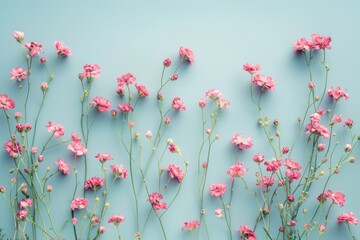 Flat lay creative illustration concept of fresh field Spring flowers on pastel blue background. Beautiful pink bloomed flowers. 