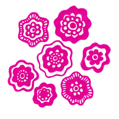 Set of decorative pink flowers isolated on white background. Fuchsia color. All flowers are different. They consist of circles, lines and wavy lines. Stylization.