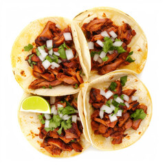 Top-down view of vibrant colored Tacos al Pastor with lime wedges isolated on a white background. Mexican street food concept for menu and culinary design