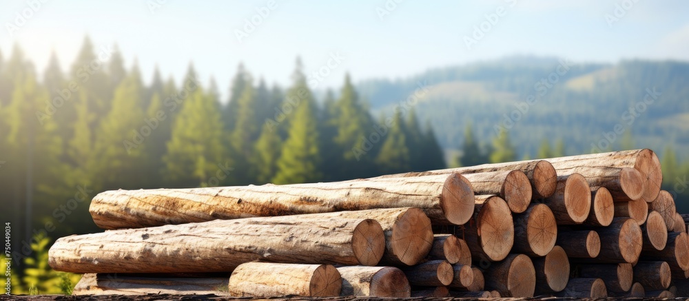 Poster natural renewable resource: a pile of logs from sustainable forest management practices