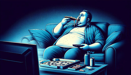 A fat man is lying on the sofa. He's holding a slice of pizza, pausing mid-snack, his eyes glued to the TV screen. The concept of human laziness.