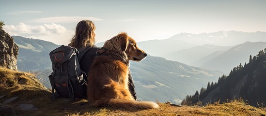 Tranquil moment: woman rests on hilltop with faithful dog after a long hike in nature - 750449064