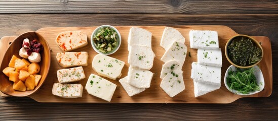 Artisanal Cheese Selection on Wooden Cutting Board, Vegan Tofu Cold Cuts Platter - obrazy, fototapety, plakaty