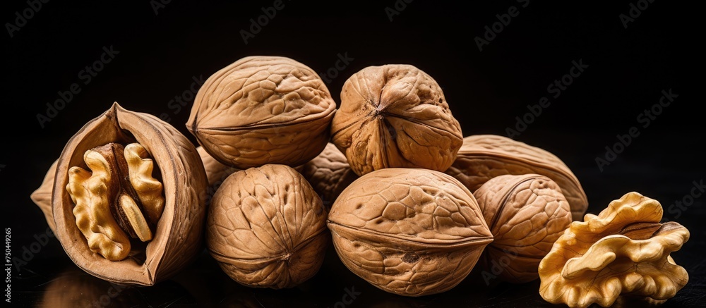 Poster rich harvest: assorted walnuts piled up on dark background in detailed close-up shot