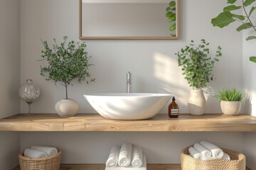 Modern bathroom interior with wooden shelf and green plants