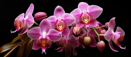 Exquisite Cymbidium Orchids Bloom Vibrantly Against a Dramatic Black Background - obrazy, fototapety, plakaty