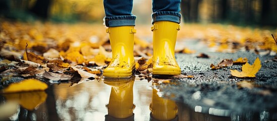 Child Wearing Yellow Rain Boots Splashing in Puddle on Rainy Autumn Day - obrazy, fototapety, plakaty