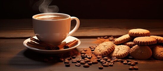 Cozy Coffee Break: A Cup of Warm Coffee and Heart-shaped Cookies on Wooden Table